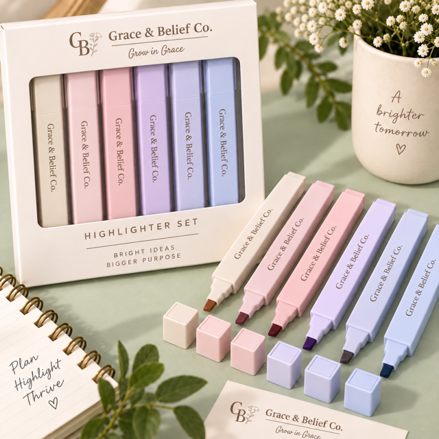 Marked by Grace highlighter set, six pastel dual-tip highlighters in a branded box.