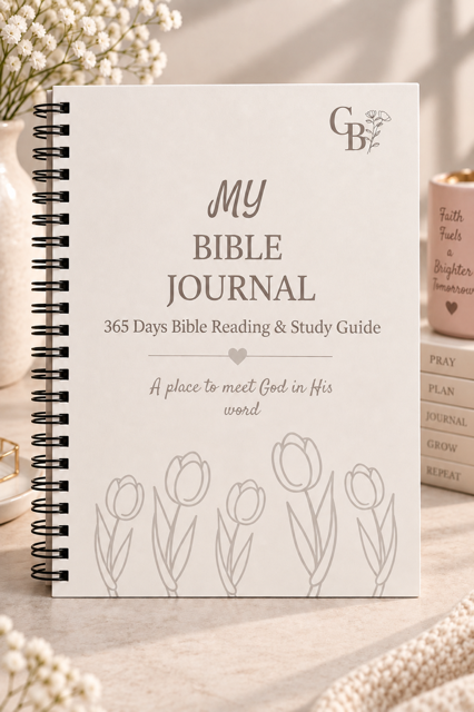 Rooted in His Word Bible journal, spiral bound with a tulip line drawing on the cover.