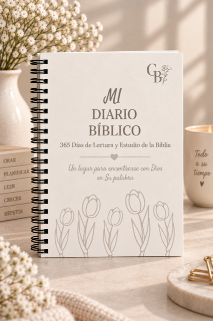 Mi Diario Bíblico, diario espiral con un dibujo de tulipanes en la portada.