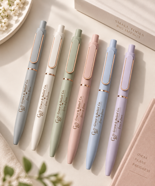 Six Grace and Belief Co. gel pens in soft neutral, pink, blue and lavender tones.